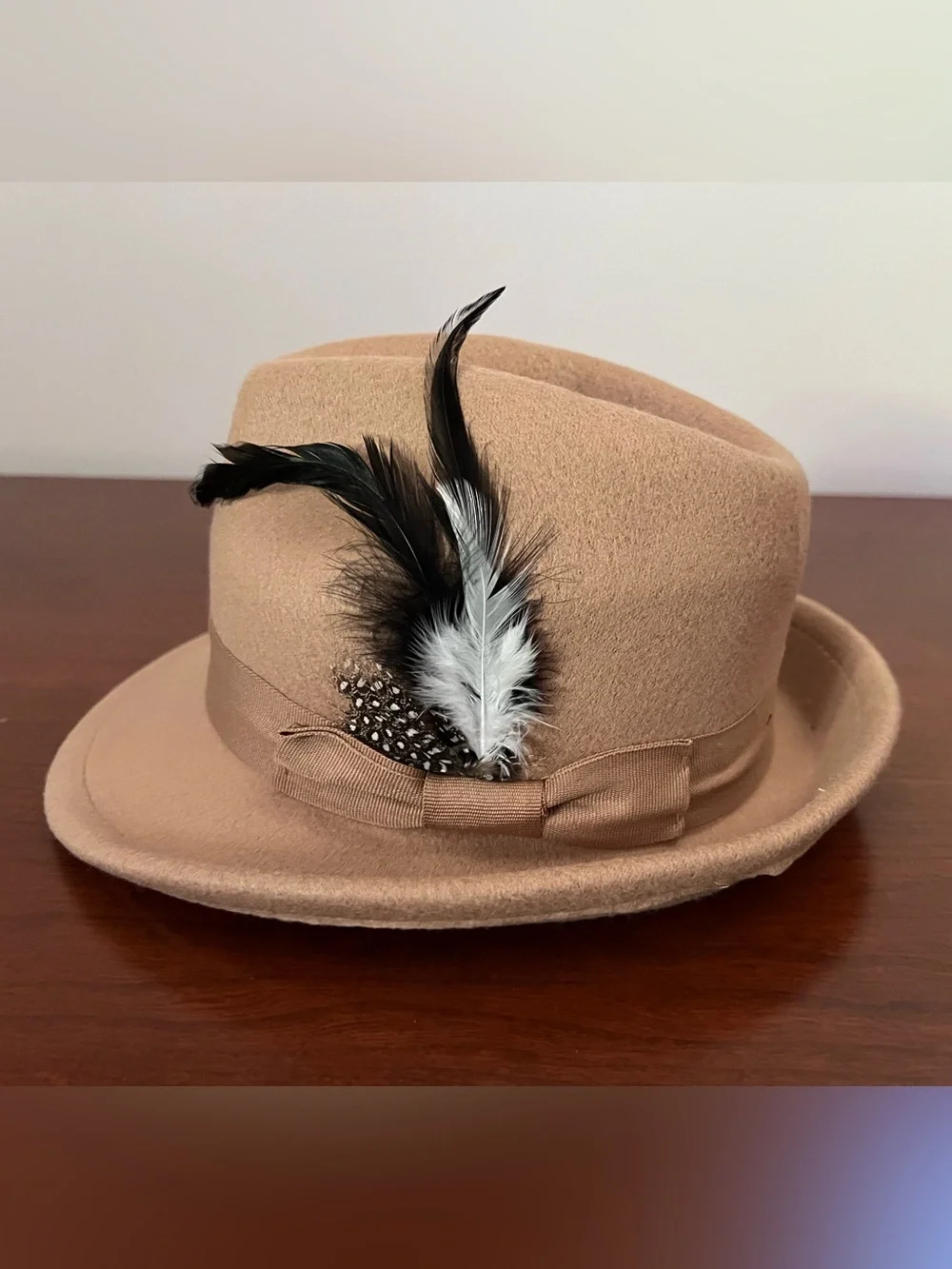 Tan Wool Felt look Fedora Hat with Decorative Feathers